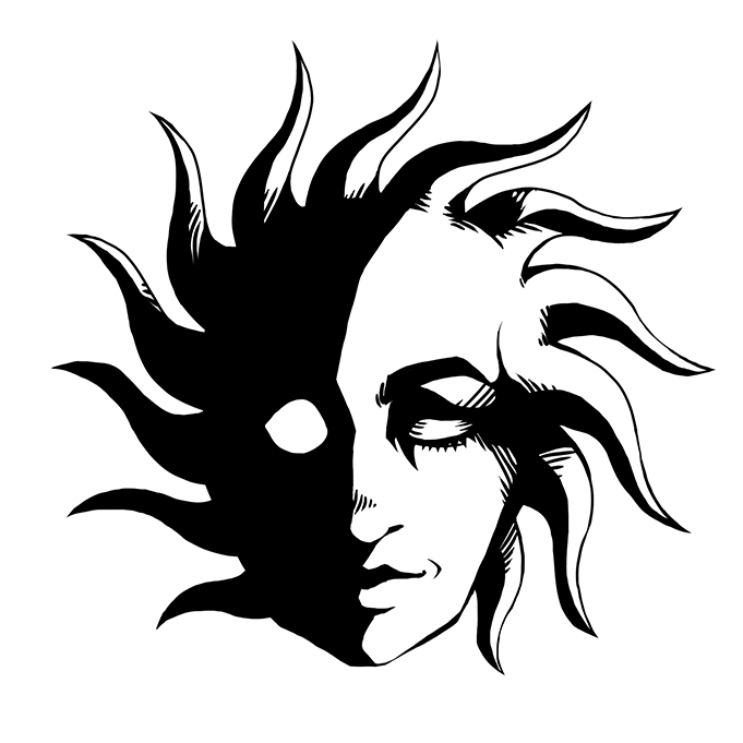 Logo autorki - Miry "Sonne" Morawskiej. Na środku czerwonego tła znajduje się czarno-biała, narysowana ludzka twarz, z której dookoła wysrasta 13 promieni przypominających promienie słońca.